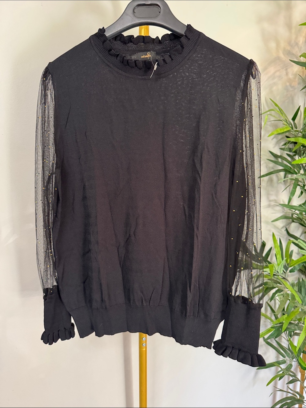 Black Ruffle Neck Sweater with Sheer gold studded Sleeves NEW XL